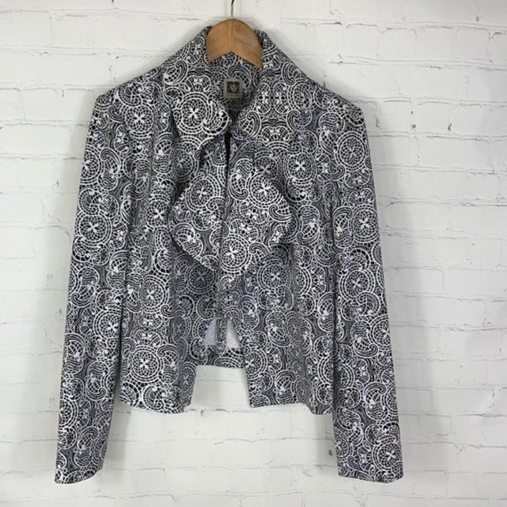 Anne Klein Blazer Coat White Black Mosaic Print Waterfall Collar Open Front Sz M